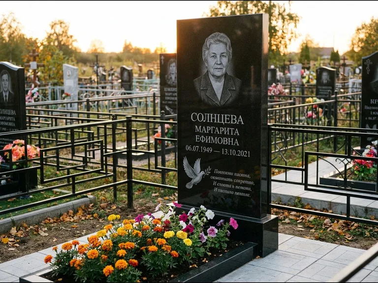 Памятник с гравировкой голубей — гравировка голубя с оливковой ветвью рядом с эпитафией, работа «Солнцева» в Норильске