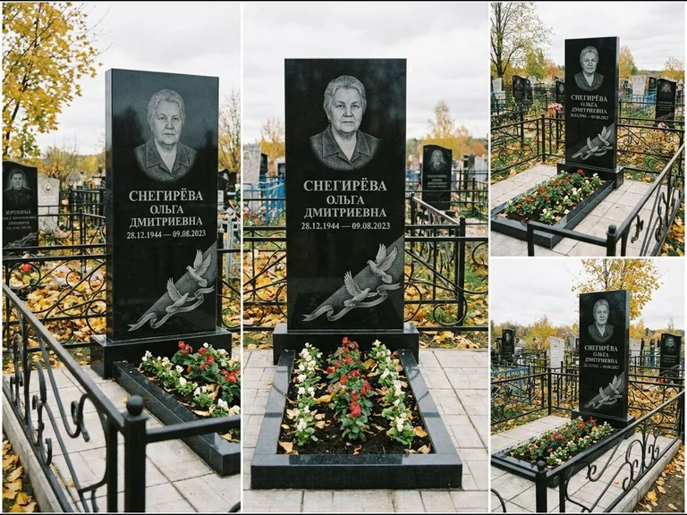 Памятник с гравировкой голубей — гравировка двух летящих голубей с лентой по диагонали стелы, работа «Снегирёва» в Норильске
