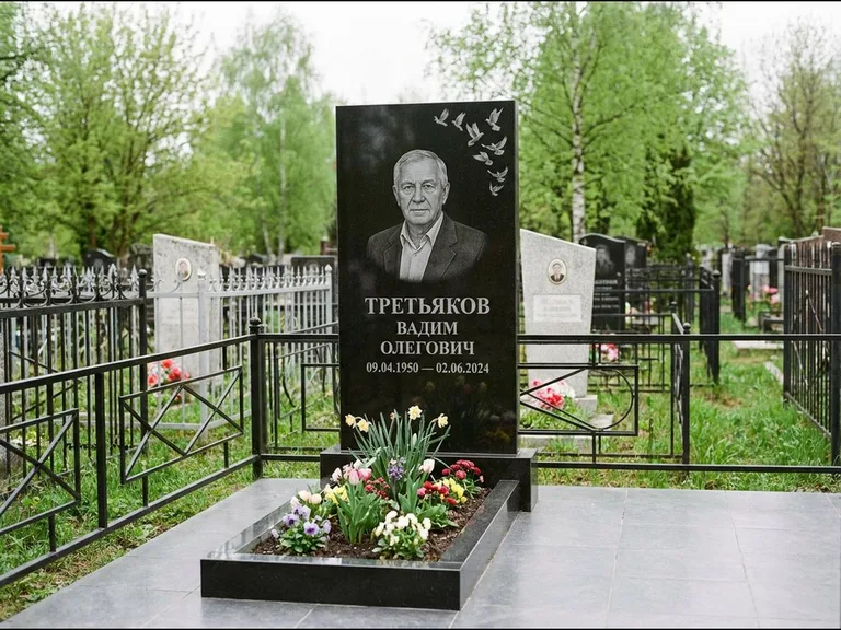 Памятник с гравировкой голубей — гравировка стаи голубей, взлетающей от угла стелы, работа «Третьяков» в Норильске