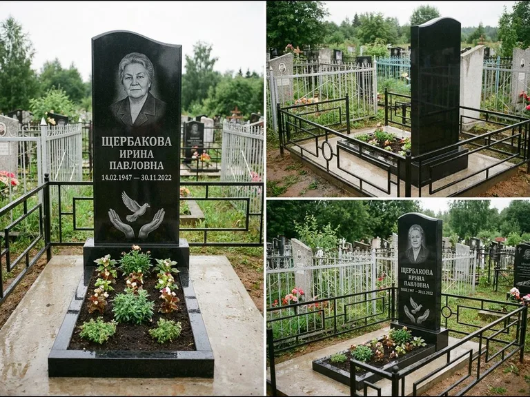 Памятник с гравировкой голубей — гравировка голубя над раскрытыми ладонями внизу стелы, работа «Щербакова» в Норильске