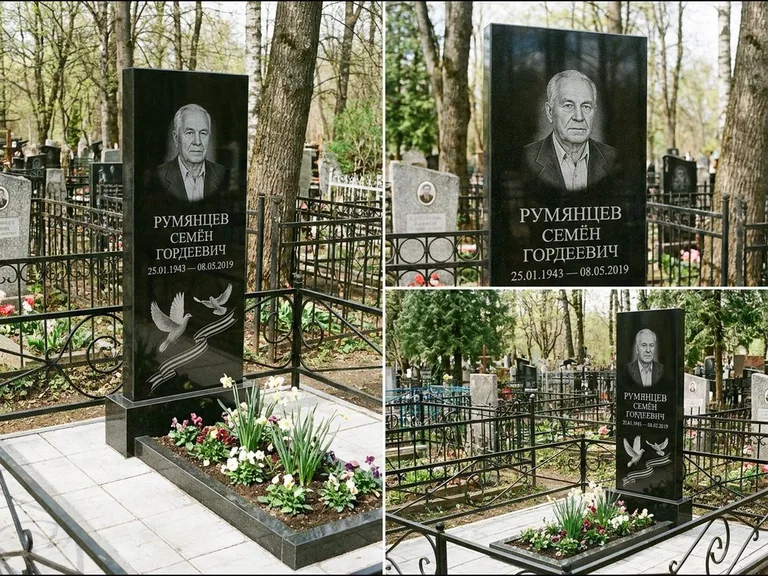 Памятник с гравировкой голубей — гравировка двух летящих голубей с лентой по диагонали стелы, работа «Румянцев» в Норильске