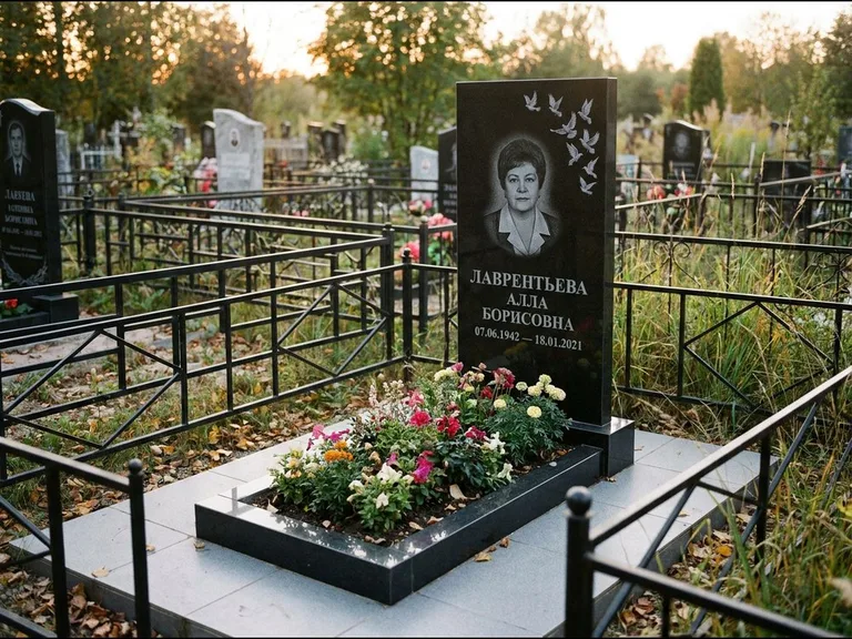 Памятник с гравировкой голубей — гравировка стаи голубей, взлетающей от угла стелы, работа «Лаврентьева» в Норильске