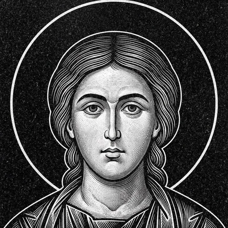 Эскиз иконы: Георгий Победоносец — воинам, гравировка на памятник в Норильске