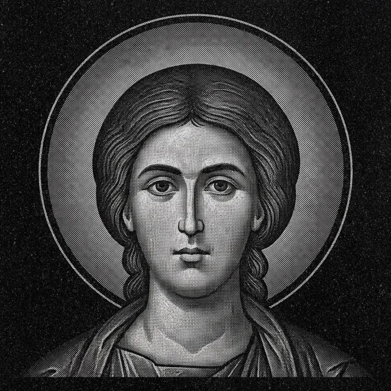 Эскиз иконы: Георгий Победоносец (полутон) — воинский образ, гравировка на памятник в Норильске