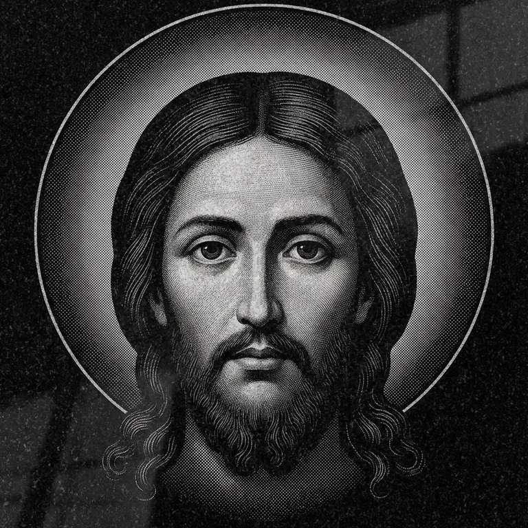 Эскиз иконы: Спас Нерукотворный (полутон) — детальный лик на убрусе, гравировка на памятник в Норильске