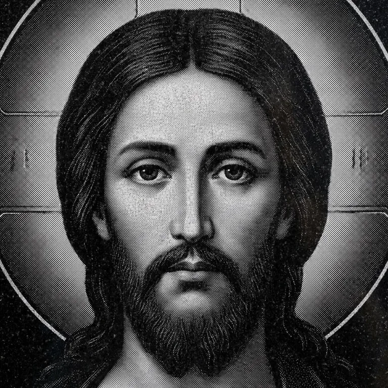 Эскиз иконы: Спас Вседержитель (полутон) — объёмный лик, светотень, гравировка на памятник в Норильске