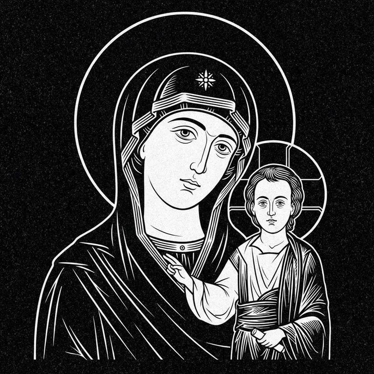 Эскиз иконы: «Утоли моя печали» — облегчение скорби, гравировка на памятник в Норильске