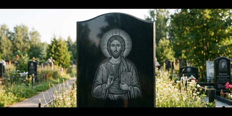 Иконы для гравировки на памятник в Норильске — образ на стеле из чёрного гранита с ручной доводкой лика