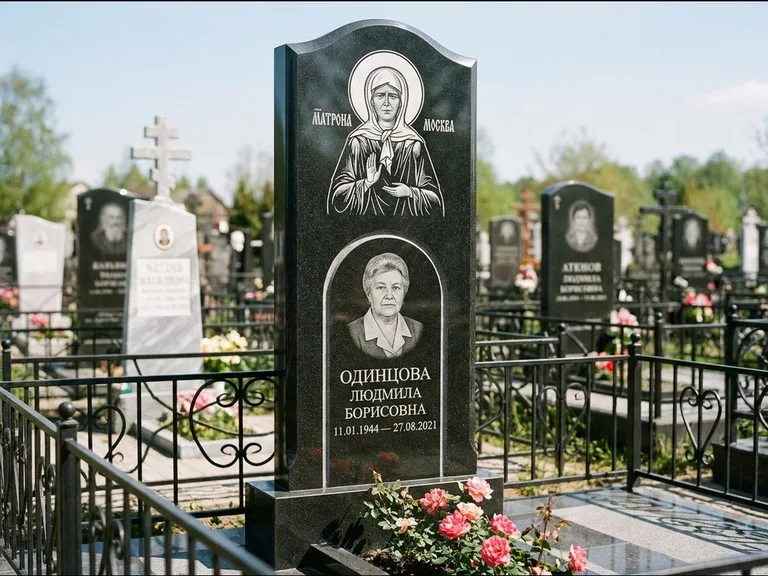 Памятник с гравировкой иконы — Владимирская икона Божией Матери с Младенцем, работа «Зотов» в Норильске