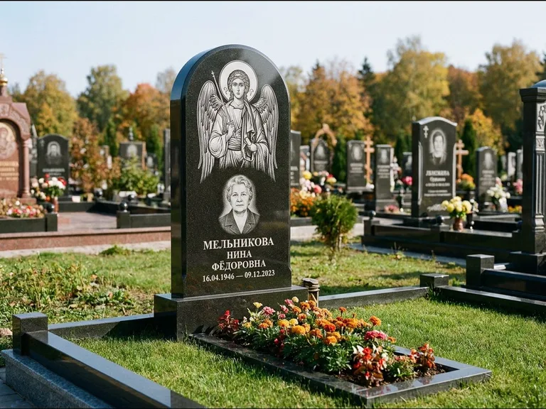 Памятник с гравировкой иконы — икона над портретом усопшего, работа «Журавлёв» в Норильске