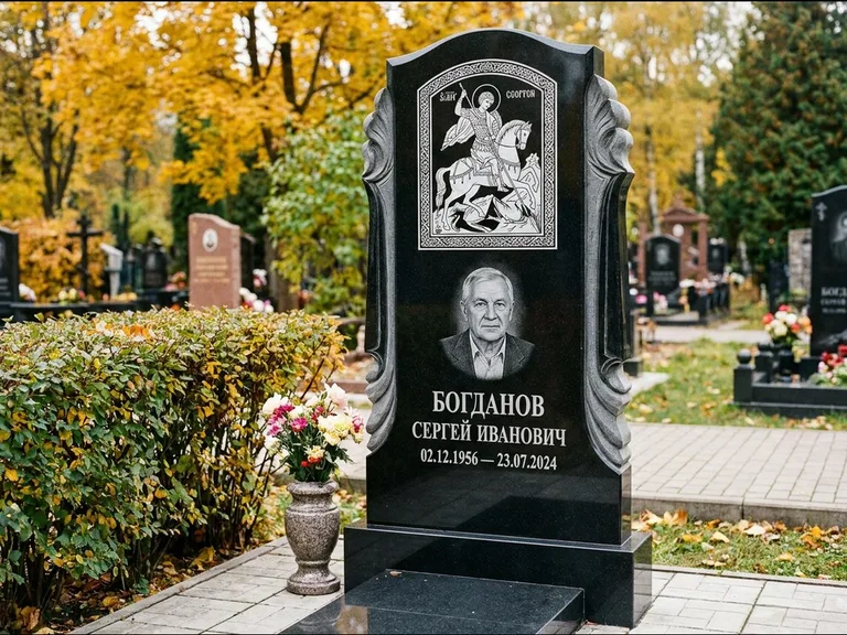 Памятник с гравировкой иконы — икона Спаса Вседержителя над именем усопшего, работа «Лебедева» в Норильске