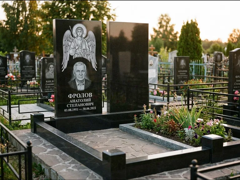 Памятник с гравировкой иконы: стела с резной рамкой вокруг иконы — Архангел Михаил на стеле, белая мраморная крошка с бордюром, работа «Богданова» в Норильске