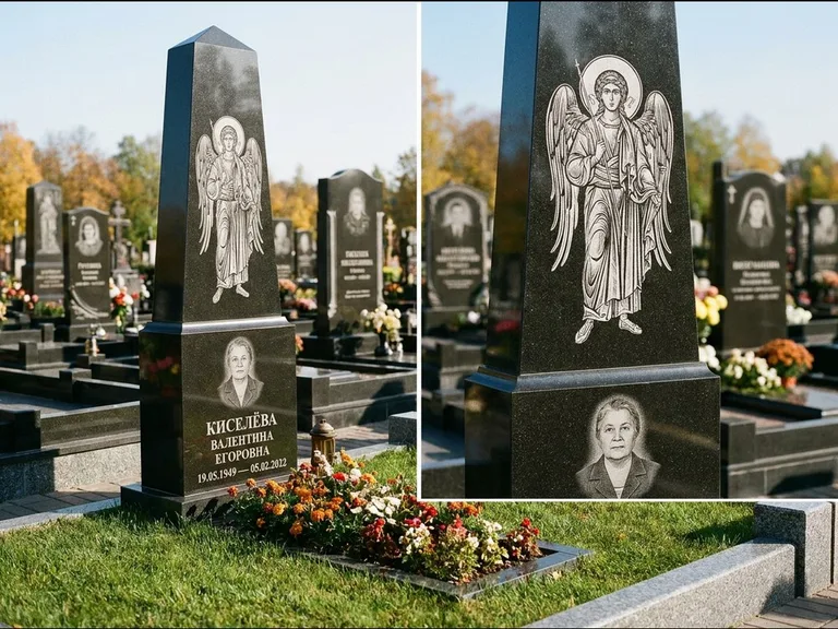 Памятник с гравировкой иконы: асимметричная скошенная стела — гравировка образа Спасителя, живая изгородь из кустарника, работа «Третьяков» в Норильске
