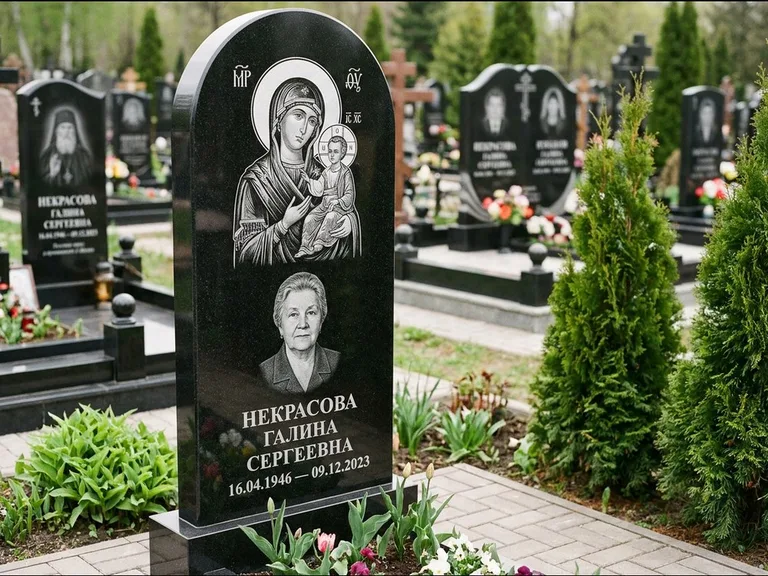 Памятник с гравировкой иконы: фигурная стела с киот-нишей под икону — икона в резной рамке-киоте, светлая гравийная отсыпка, работа «Журавлёв» в Норильске