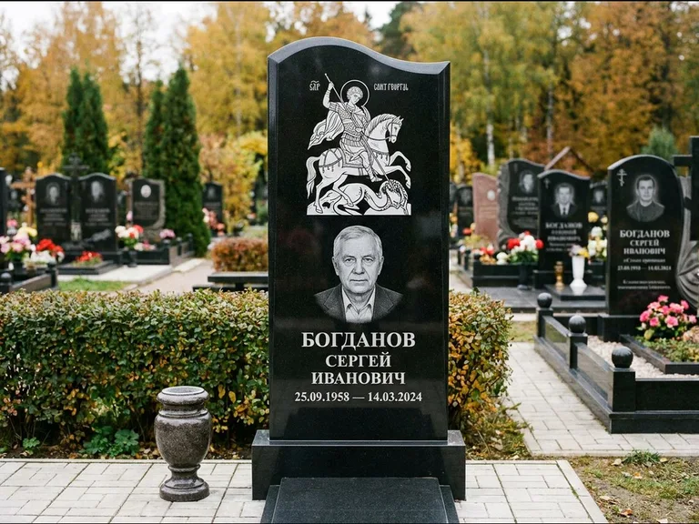 Памятник с гравировкой иконы: монументальный семейный мемориал из двух стел на общем цоколе — гравировка Николая Чудотворца, мощёная гранитная площадка без ограды, работа «Раевская» в Норильске