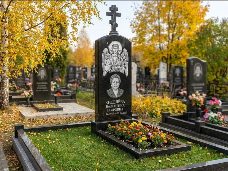 Памятник с гравировкой иконы — образ в полный рост на обороте стелы, работа «Гущин» в Норильске
