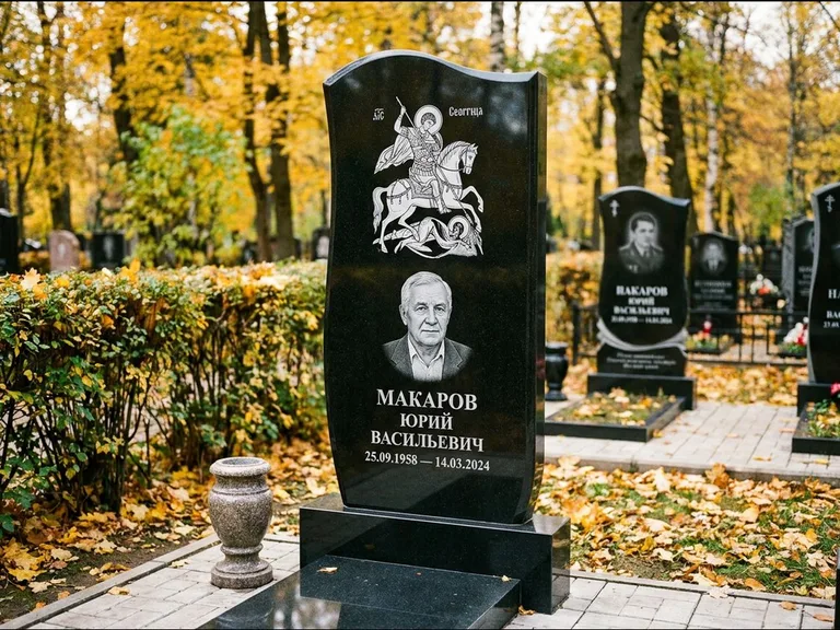 Памятник с гравировкой иконы — икона над портретом усопшего, работа «Раевская» в Норильске