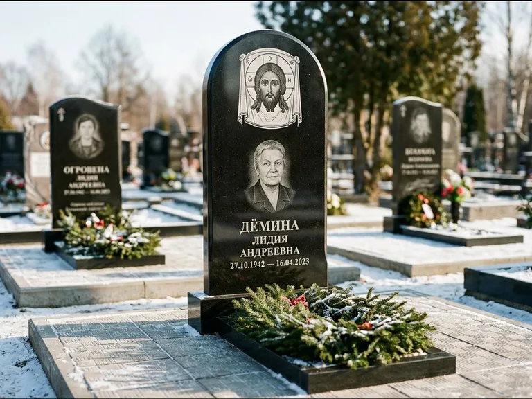 Памятник с гравировкой иконы — икона Спаса Вседержителя над именем усопшего, работа «Ковалёв» в Норильске