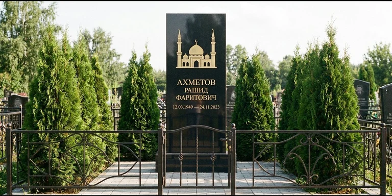 Гравировка мечети на памятник в Норильске — стела из чёрного гранита, оформление по канонам ислама