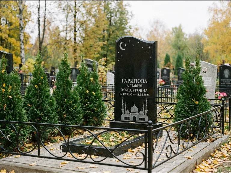 Мусульманский памятник с гравировкой мечети — мечеть с луной в ночном небе, работа «Гарипова» в Норильске