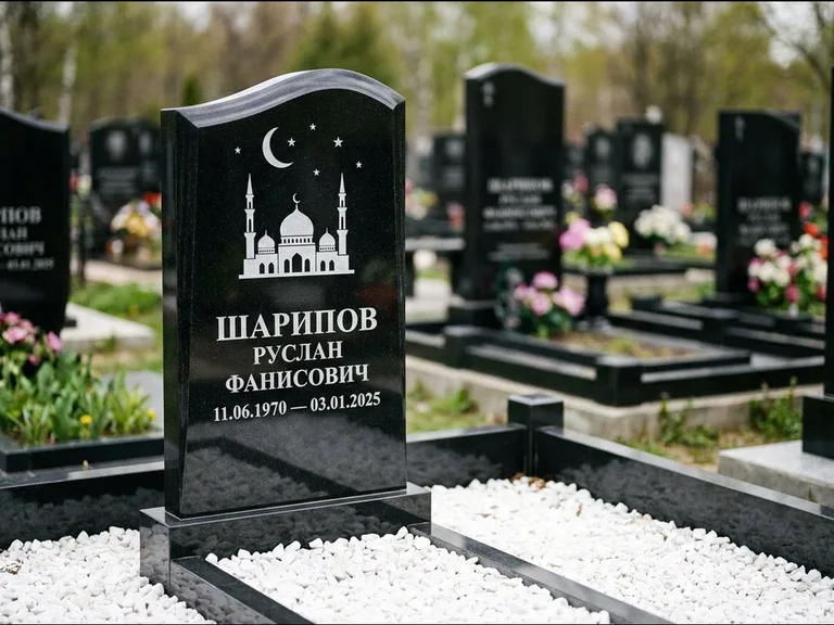 Мусульманский памятник с гравировкой мечети: стела с волнообразным скошенным верхом — гравировка мечети под полумесяцем и звёздами, белая мраморная крошка с бордюром, работа «Шарипов» в Норильске