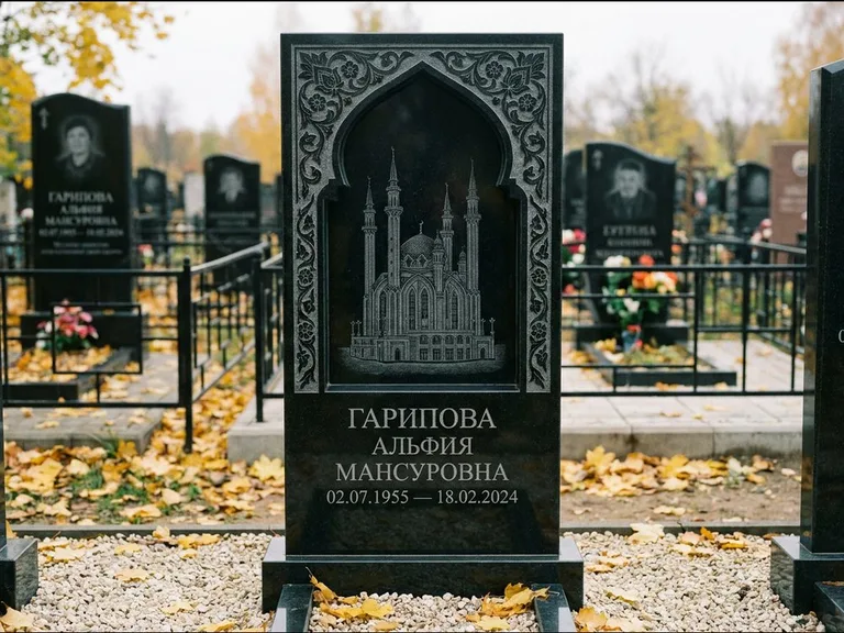 Мусульманский памятник с гравировкой мечети: фигурная стела с михраб-нишей — гравировка мечети в михраб-арке с орнаментом, светлая гравийная отсыпка, работа «Гарипова» в Норильске