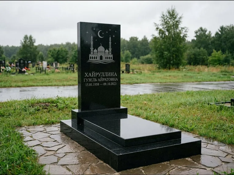Мусульманский памятник с гравировкой мечети: ступенчатая двухуровневая стела — гравировка мечети под полумесяцем и звёздами, каменная дорожка из плитняка, работа «Хайруллина» в Норильске