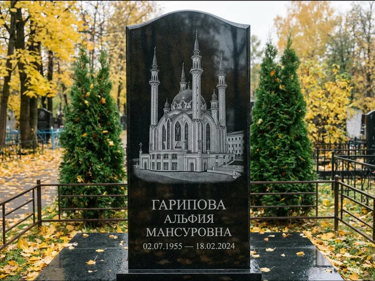 Мусульманский памятник с гравировкой мечети — мечеть Кул-Шариф на обороте стелы, работа «Гарипова» в Норильске