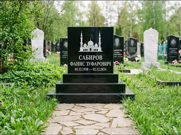 Мусульманский памятник с гравировкой мечети: ступенчатая трёхуровневая стела — золочёная гравировка мечети, дорожка из природного плитняка, работа «Юсупов» в Норильске