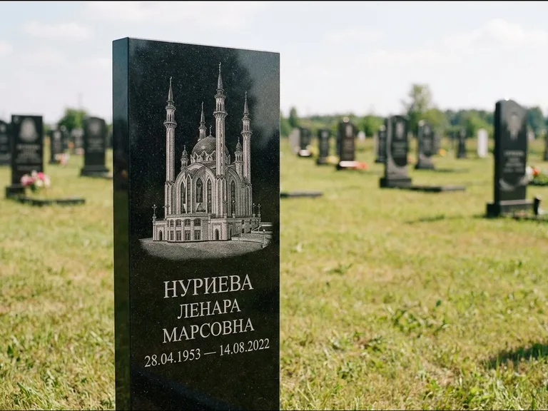 Мусульманский памятник с гравировкой мечети: узкая вертикальная стела-пилон — гравировка мечети в михраб-арке с орнаментом, открытая лужайка без ограды, работа «Хайруллина» в Норильске