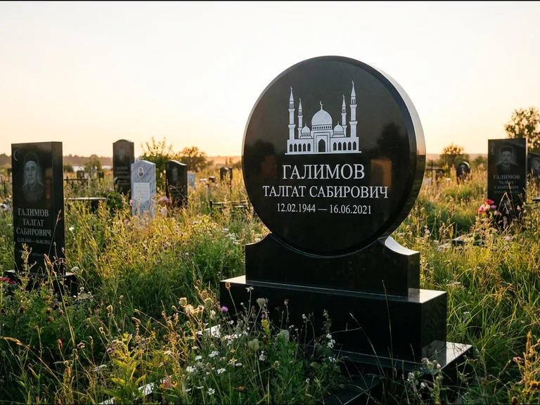 Мусульманский памятник с гравировкой мечети: округлая стела-медальон на тумбе — гравировка мечети в михраб-арке с орнаментом, луговые травы и полевые цветы, работа «Каримов» в Норильске