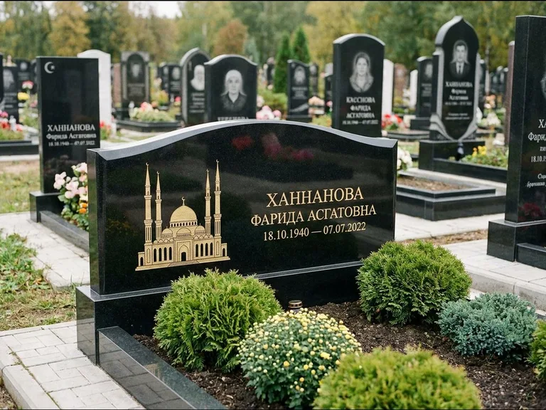 Мусульманский памятник с гравировкой мечети: вытянутая горизонтальная семейная стела с аркой — белая гравировка силуэта мечети с минаретами, участок с декоративными кустами, работа «Гарипова» в Норильске