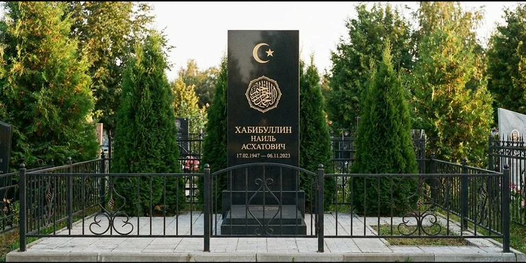 Гравировка на мусульманском памятнике в Норильске — стела из чёрного гранита, оформление по канонам ислама