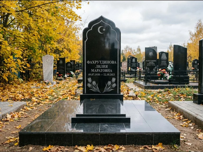 Мусульманский памятник: стела с михраб-навершием в форме арки — гравировка минарета с полумесяцем, гранитный цоколь с тёмной плиткой, работа «Фахрутдинова» в Норильске