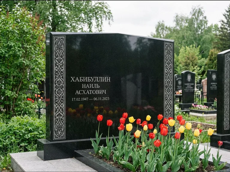 Мусульманский памятник: широкая двойная семейная стела — золочёная гравировка мечети, цветник с тюльпанами, работа «Хабибуллин» в Норильске