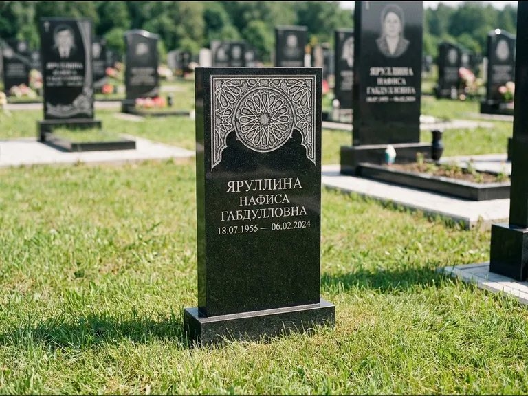 Мусульманский памятник: небольшая скромная невысокая стела — золочёная гравировка мечети, аккуратный участок с газоном, работа «Фахрутдинова» в Норильске