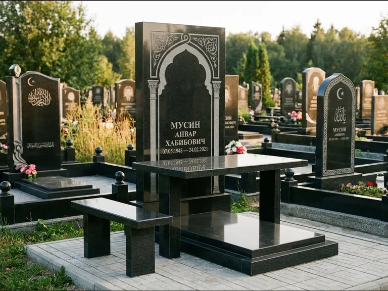 Мусульманский памятник: стела с гранитным столиком и скамьёй — гравировка мечети под полумесяцем и звёздами, семейный участок с плиткой, работа «Гимаев» в Норильске