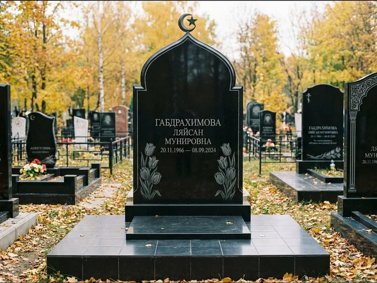 Мусульманский памятник: массивная стела с михраб-навершием — белая гравировка силуэта мечети с минаретами, цоколь тёмной плиткой, работа «Магомедова» в Норильске