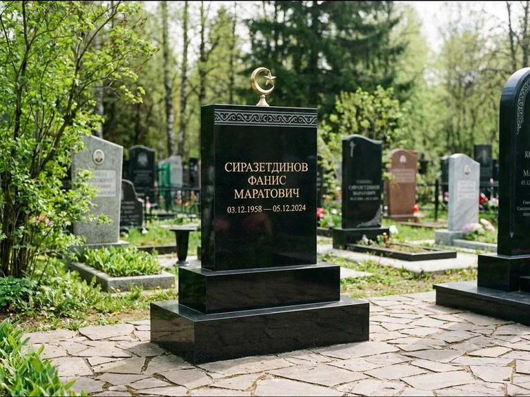 Мусульманский памятник: ступенчатая трёхуровневая стела — золочёная гравировка мечети, дорожка из природного плитняка, работа «Мустафин» в Норильске