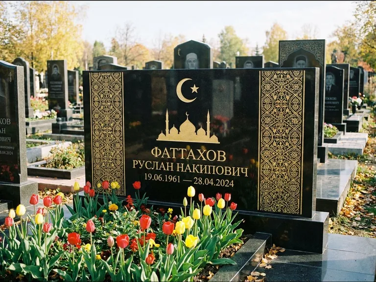 Мусульманский памятник: широкая панорамная стела с золочёным орнаментом — гравировка минарета с полумесяцем, цветник с тюльпанами, работа «Сулейманов» в Норильске