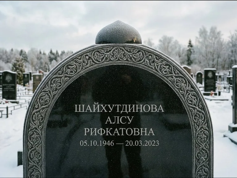 Мусульманский памятник: полукруглая стела с купольным навершием — гравировка мечети под полумесяцем и звёздами, заснеженный зимний участок, работа «Ганиева» в Норильске