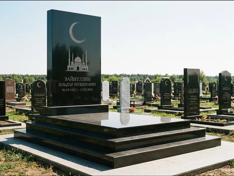 Мусульманский памятник: массивная стела на ступенчатом постаменте — гравировка мечети под полумесяцем и звёздами, гранитная площадка без ограды, работа «Хабибуллин» в Норильске