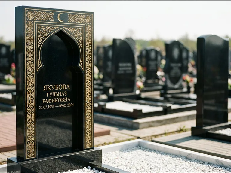 Мусульманский памятник: стела в форме михраба с глубокой нишей и золочёным орнаментом — детализированная гравировка мечети Кул-Шариф, участок с белой мраморной крошкой, работа «Мустафин» в Норильске