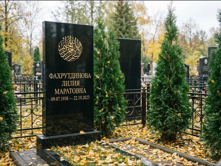 Мусульманский памятник — шахада в верхней части стелы, работа «Фахрутдинова» в Норильске