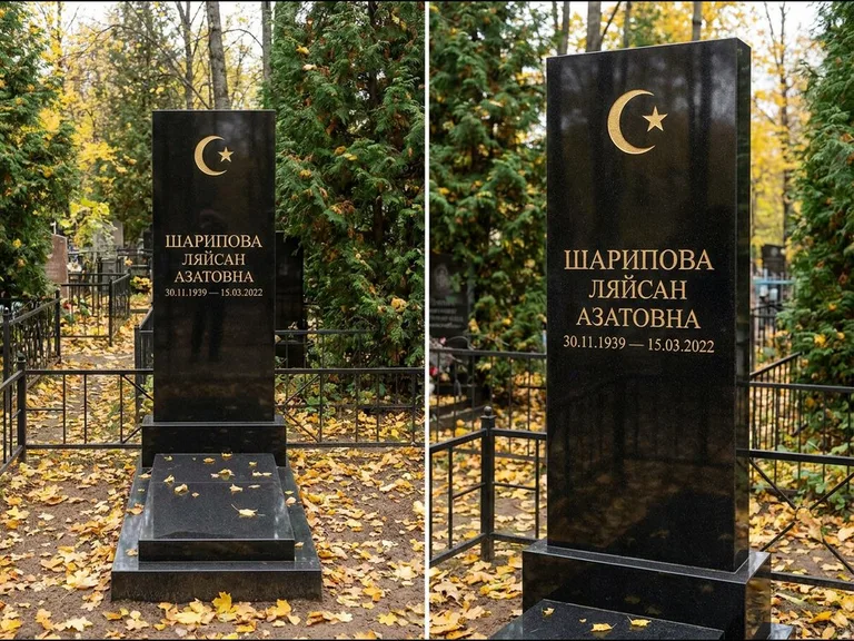 Памятник с гравировкой полумесяца — золочёная гравировка полумесяца со звездой в верхней части с, работа «Шарипова» в Норильске