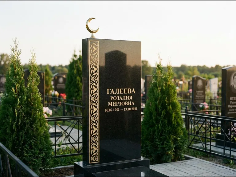 Памятник с гравировкой полумесяца — золочёный полумесяц и колонна растительного орнамента-ислими, работа «Галеева» в Норильске