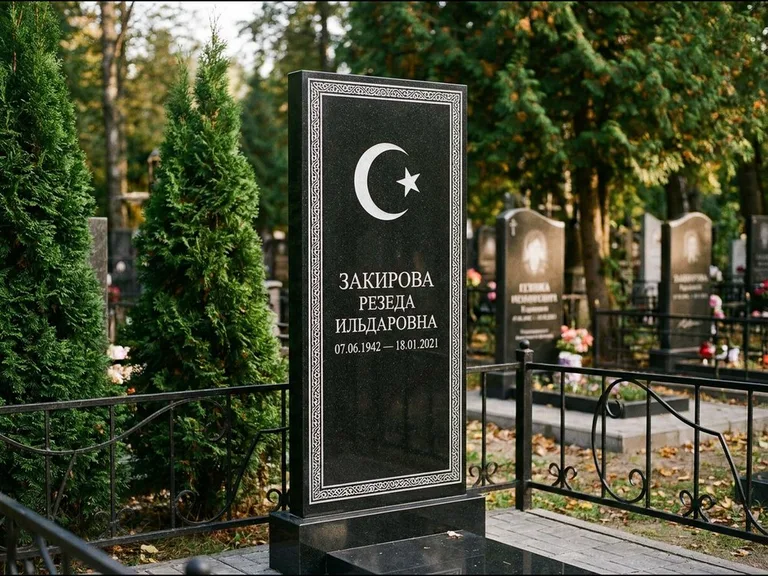 Памятник с гравировкой полумесяца — строгая белая гравировка полумесяца со звездой и орнаменталь, работа «Закирова» в Норильске