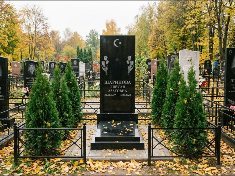 Памятник с гравировкой полумесяца — гравировка полумесяца со звездой и тюльпанами по бокам, работа «Шарипова» в Норильске