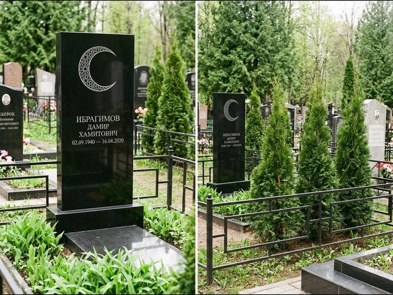Памятник с гравировкой полумесяца — гравировка полумесяца в геометрическом орнаменте-гирихе, работа «Ибрагимов» в Норильске