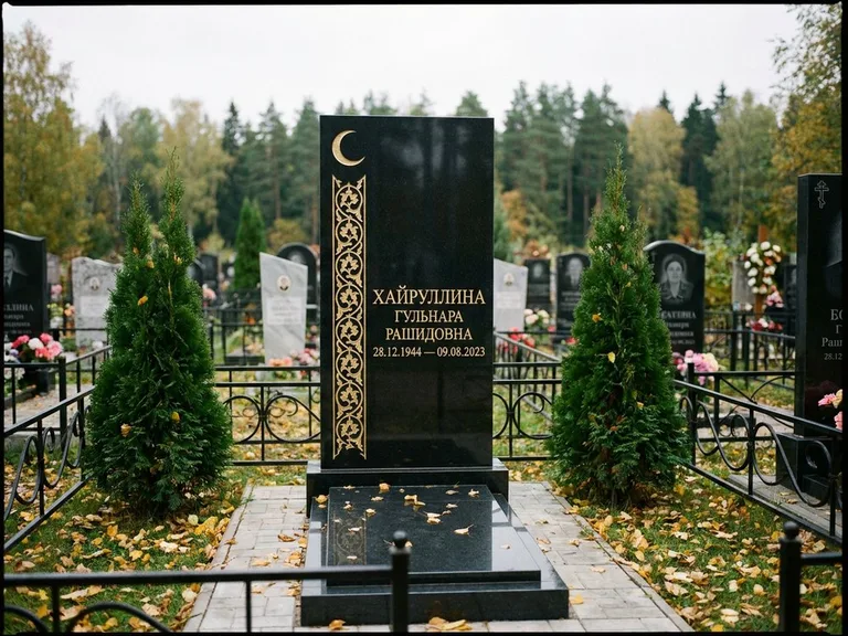 Памятник с гравировкой полумесяца — золочёный полумесяц и колонна растительного орнамента-ислими, работа «Хайруллина» в Норильске